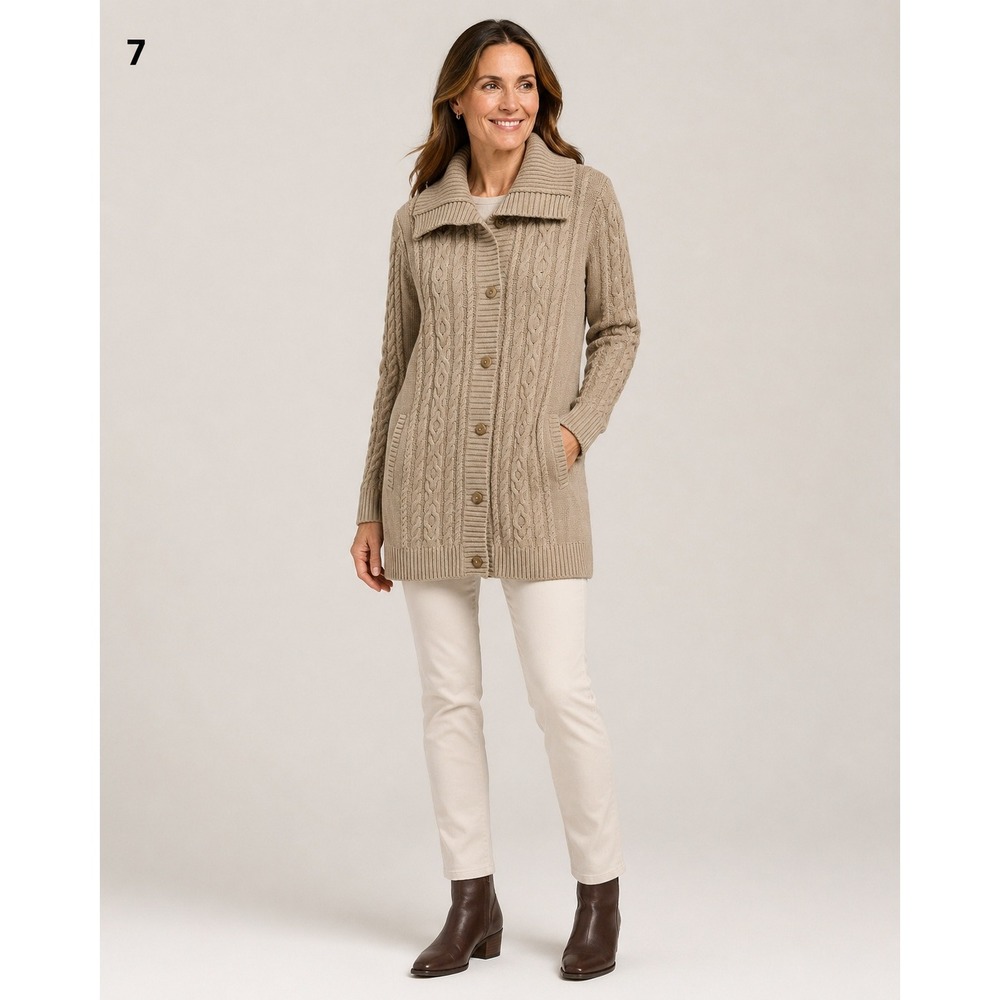 LL Bean Button Front Cable Knit Cardigan Sweater Women L Tan Cotton Shawl Collar